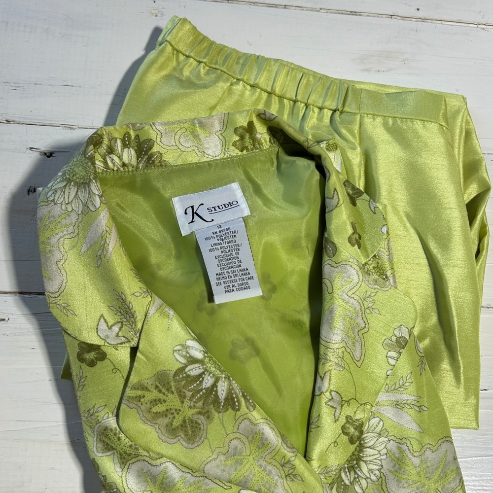 K Studio Lime Green Floral Blazer and Pants Suit Set Size 12 Faux Silk 2 Piece
